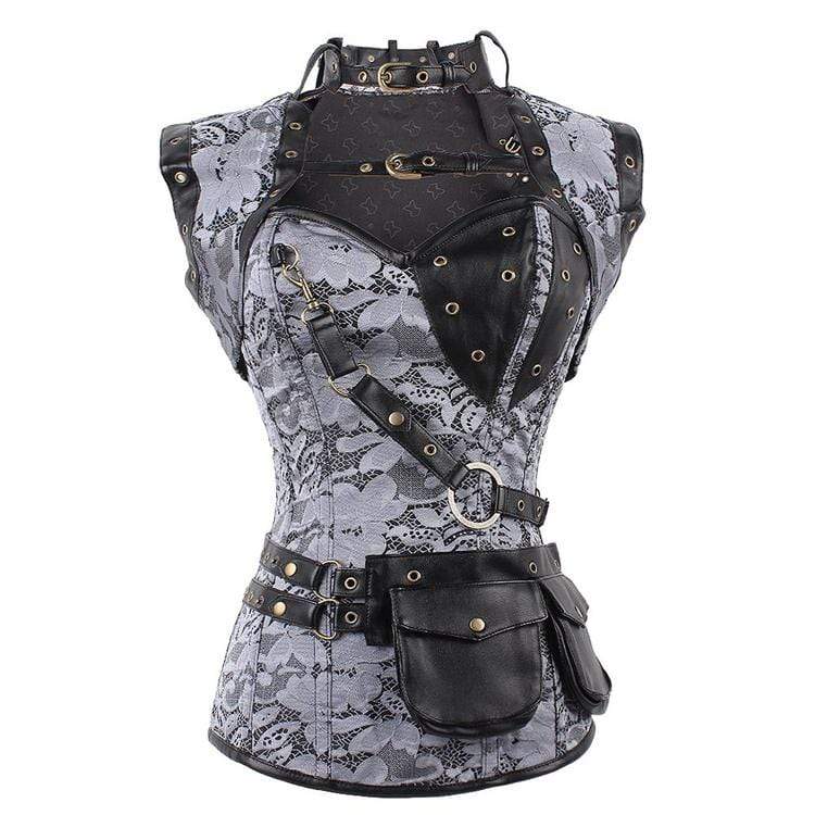 Women's Spiral Steel Boned Steampunk Gothic Vintage Brocade Corset with Jacket and Belt
