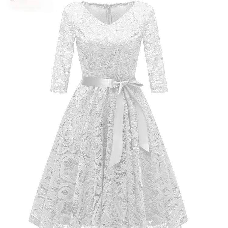 Women's Vintage Lace Party Dresses Bridesmaid Dresses with Bow Belt Wedding Dress