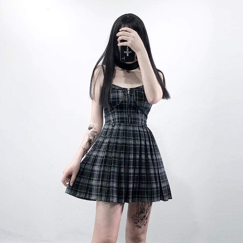 Women's Zipper Fly Chain Plaid Slip Dresses