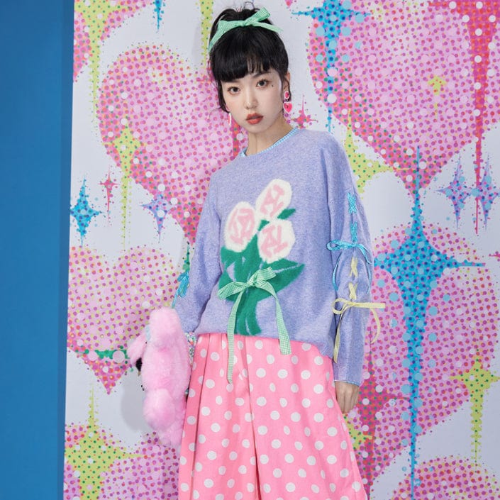Pink Kawaii Women's Bowknot Rose Knitted Sweater