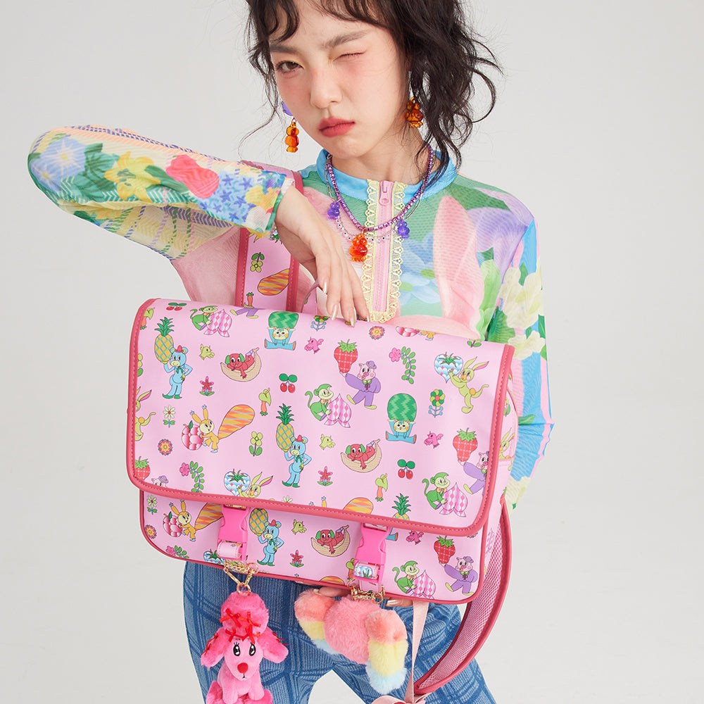 Pink Kawaii Women's Cartoon Printed Buckles Quadrate Backpack