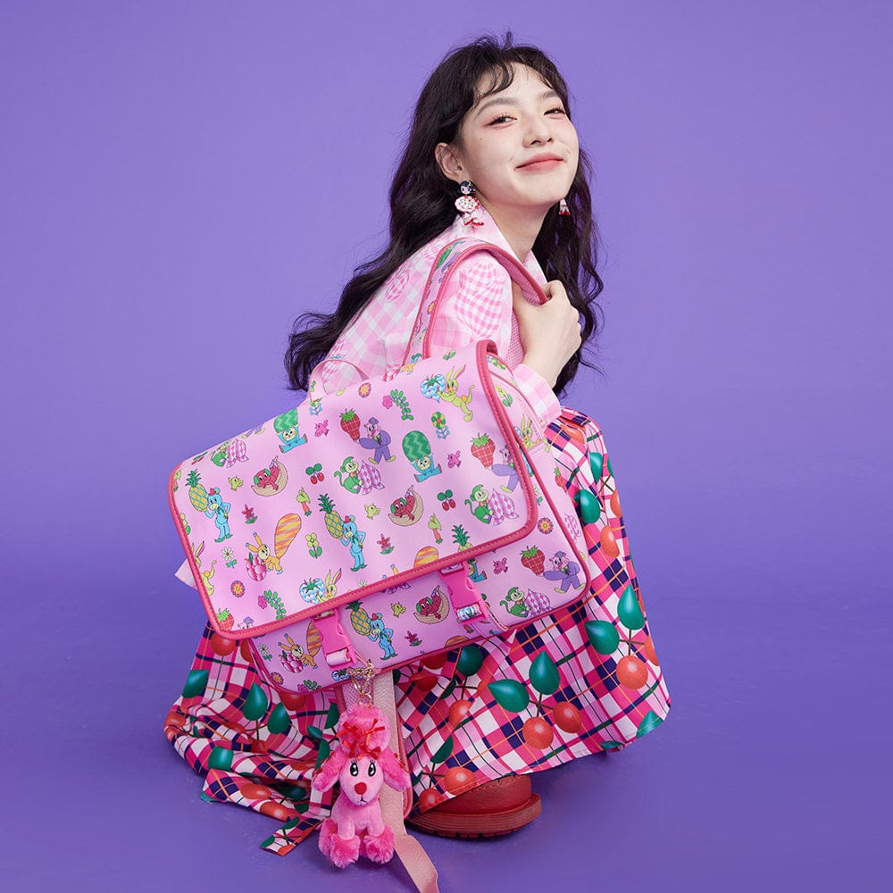 Pink Kawaii Women's Cartoon Printed Buckles Quadrate Backpack