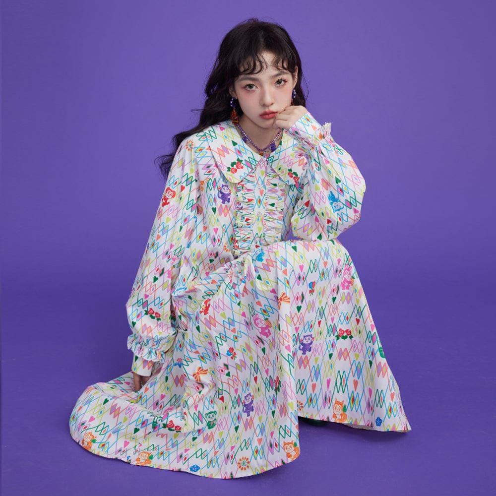 Pink Kawaii Women's Chromatic Diamond Printed Ruffled Dress