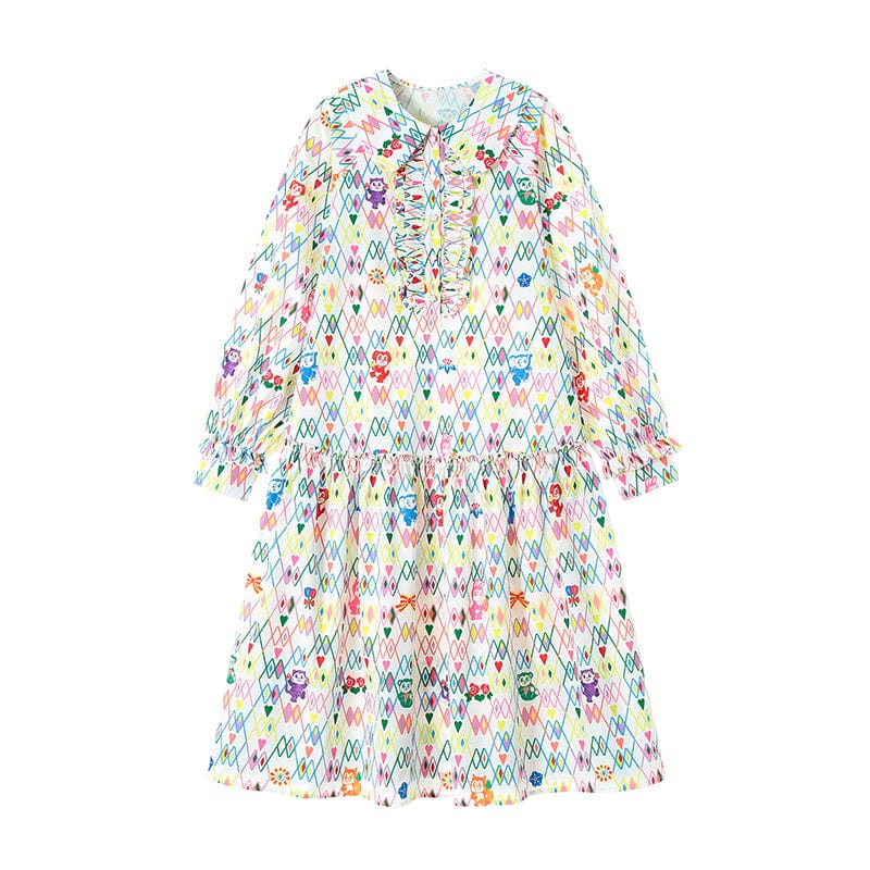 Pink Kawaii Women's Chromatic Diamond Printed Ruffled Dress