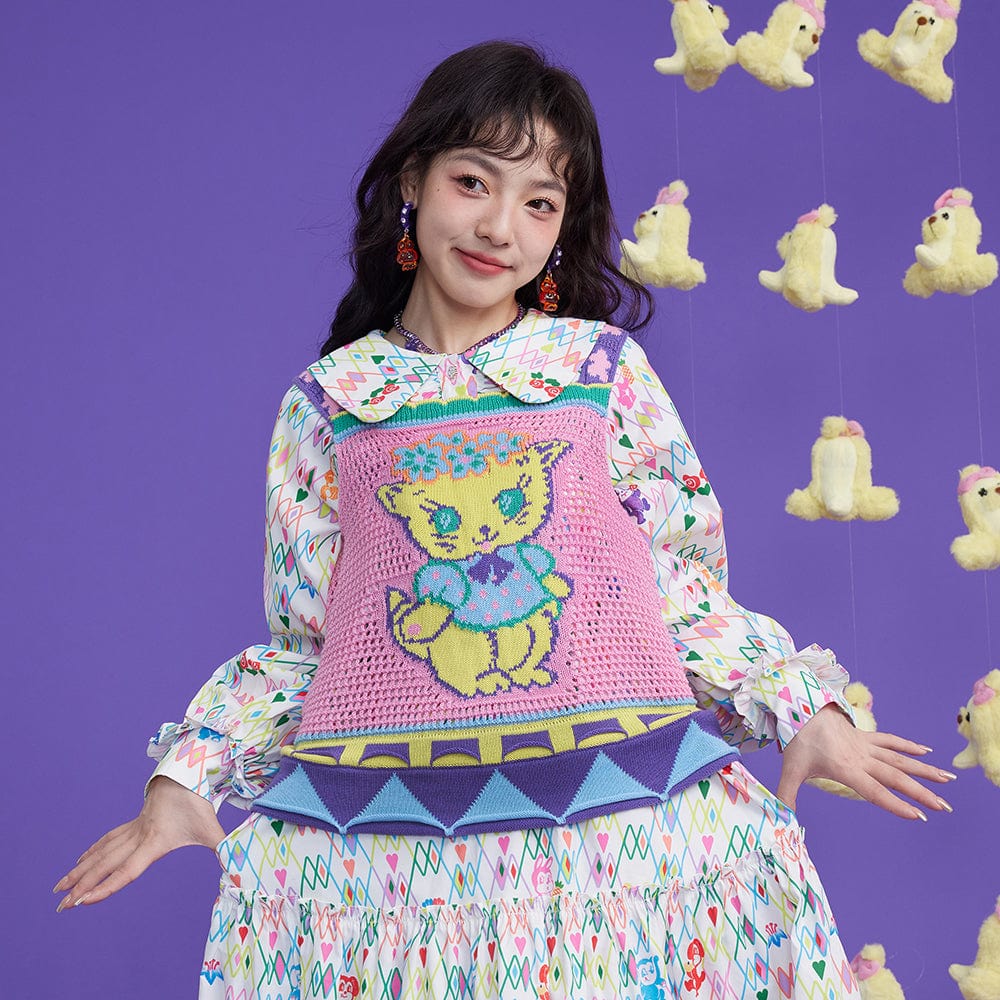 Pink Kawaii Women's Contrast Color Cat Knitted Tank Top