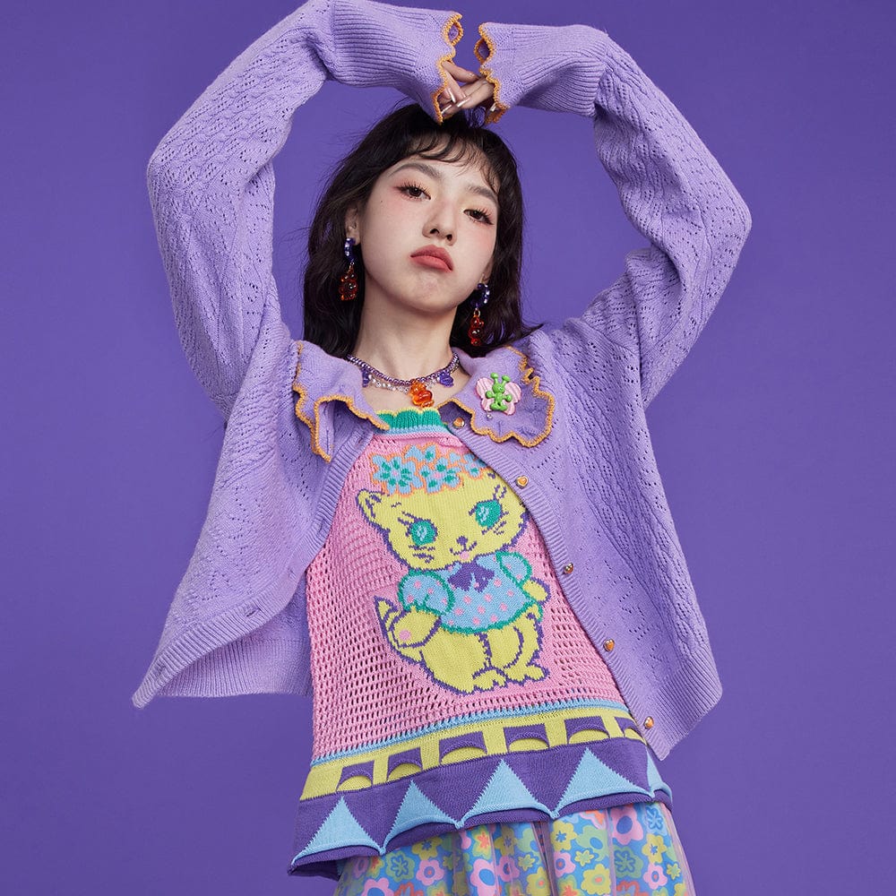 Pink Kawaii Women's Contrast Color Cat Knitted Tank Top