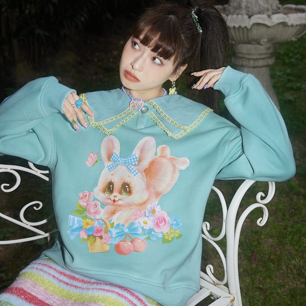 Pink Kawaii Women's Doll Collar Rabbit Printed Sweatshirt