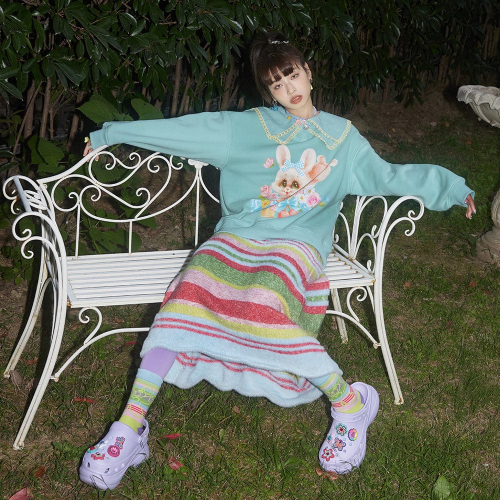 Pink Kawaii Women's Doll Collar Rabbit Printed Sweatshirt