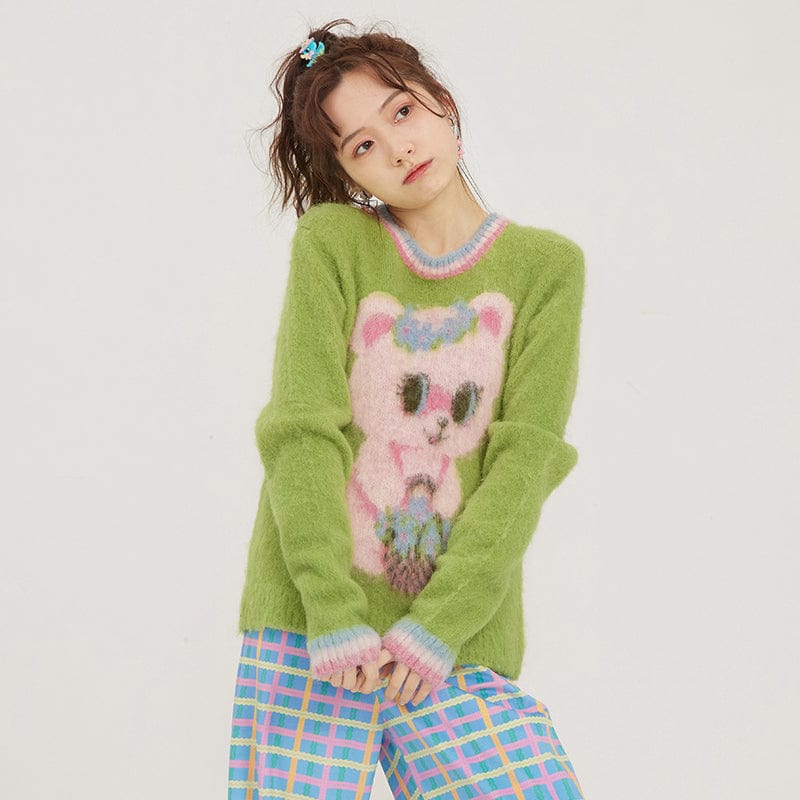Pink Kawaii Women's Double Color Bear Knitted Sweater