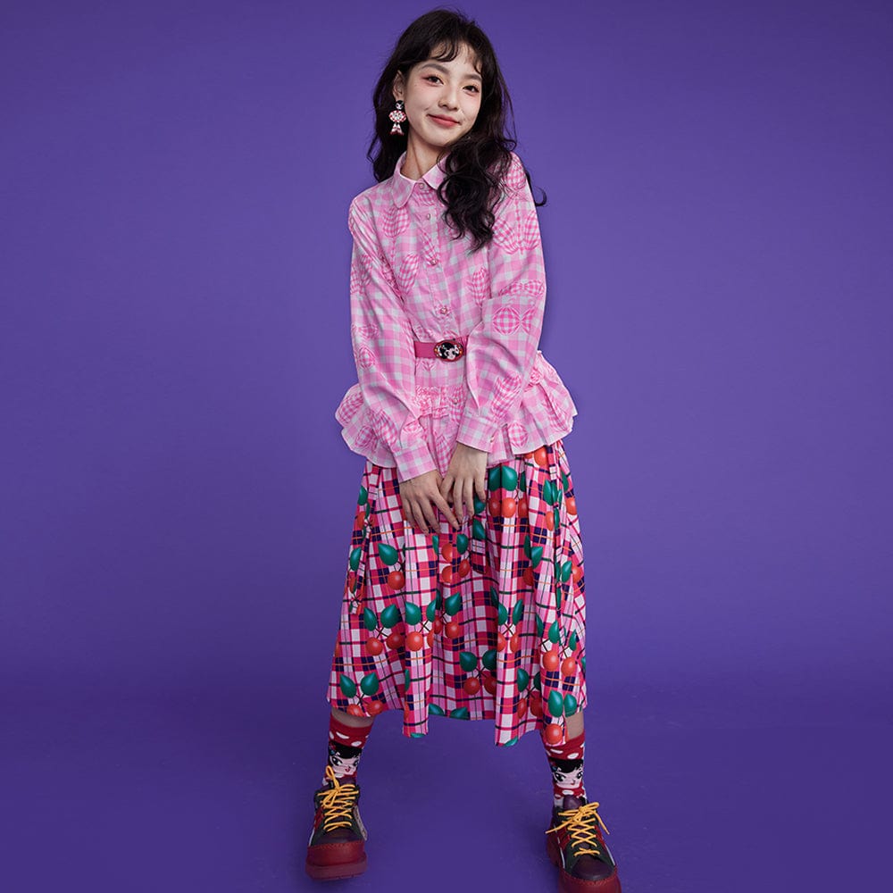 Pink Kawaii Women's Drawstring Cherry Printed Plaid Skirt