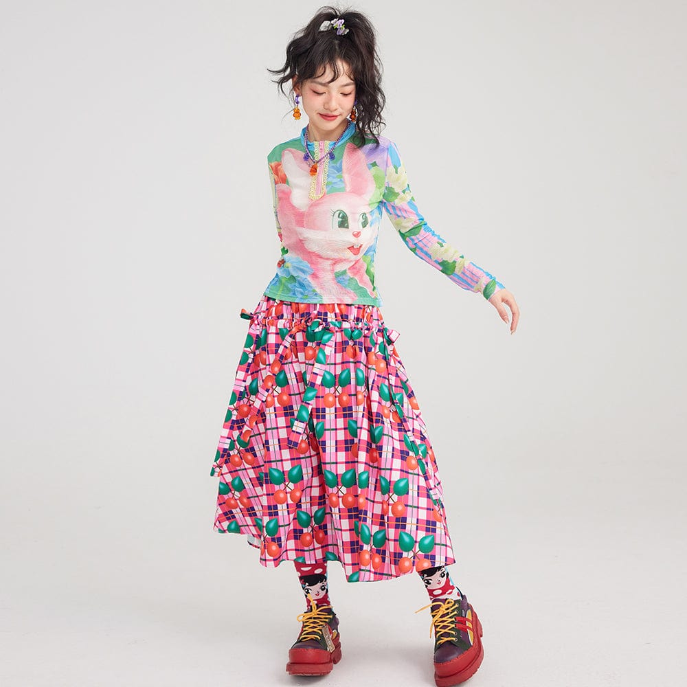 Pink Kawaii Women's Drawstring Cherry Printed Plaid Skirt