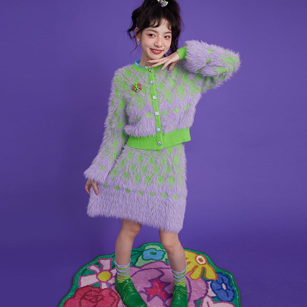 Pink Kawaii Women's Fluffy Diamond Knitted Candigan with Skirt