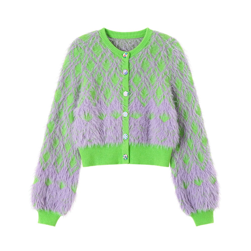 Pink Kawaii Women's Fluffy Diamond Knitted Candigan with Skirt