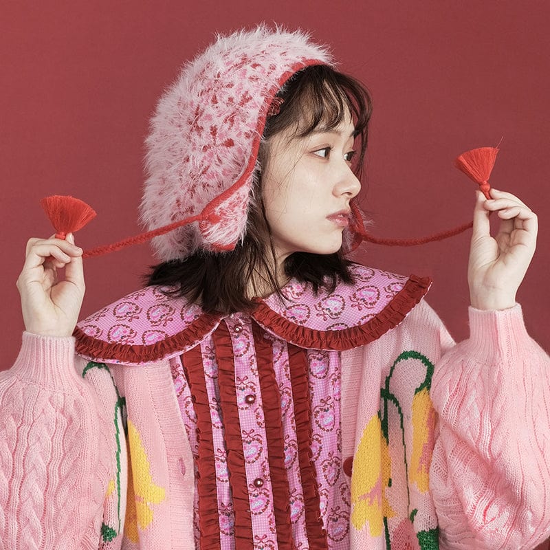 Pink Kawaii Women's Fluffy Jacquard Hat