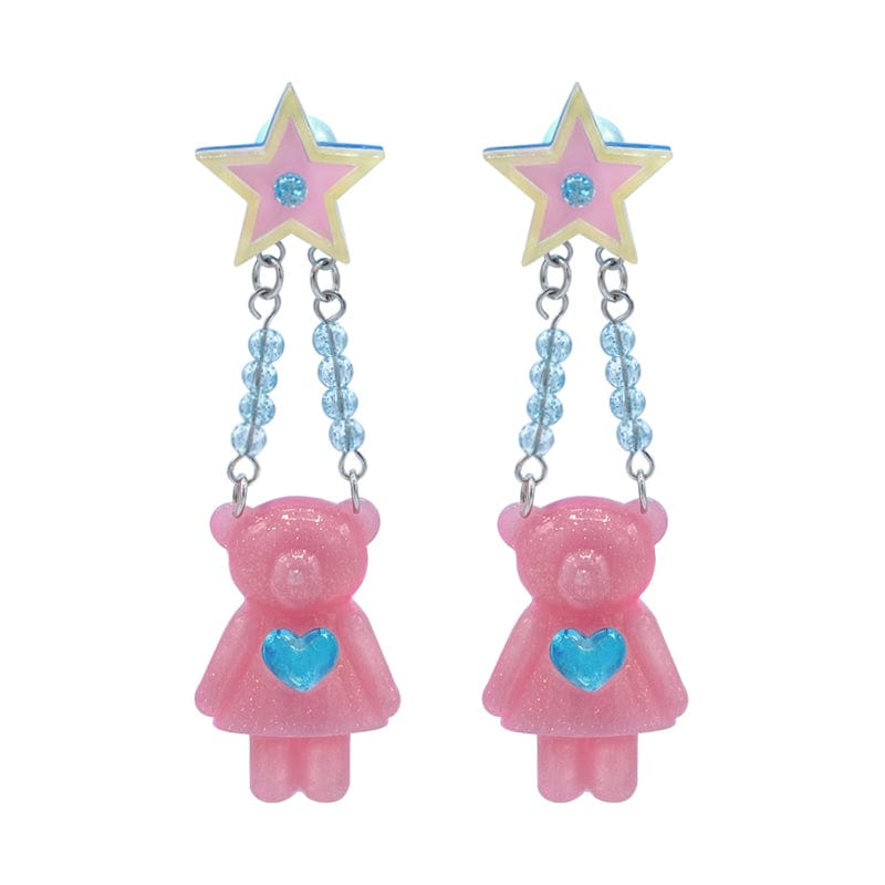 Pink Kawaii Women's Glittering Bear Star Earrings