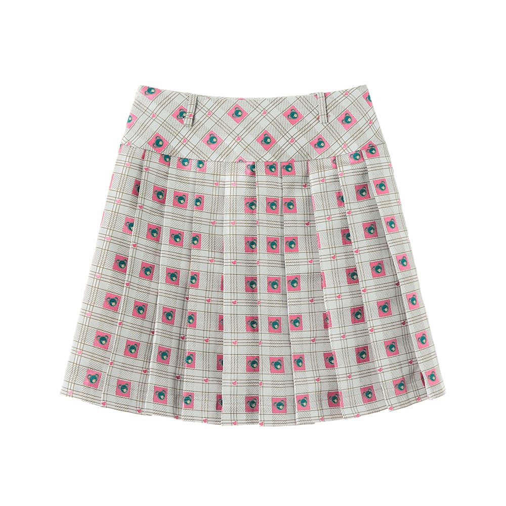 Pink Kawaii Women's Kawaii Bear Embroidered Plaid Pleated Skirt