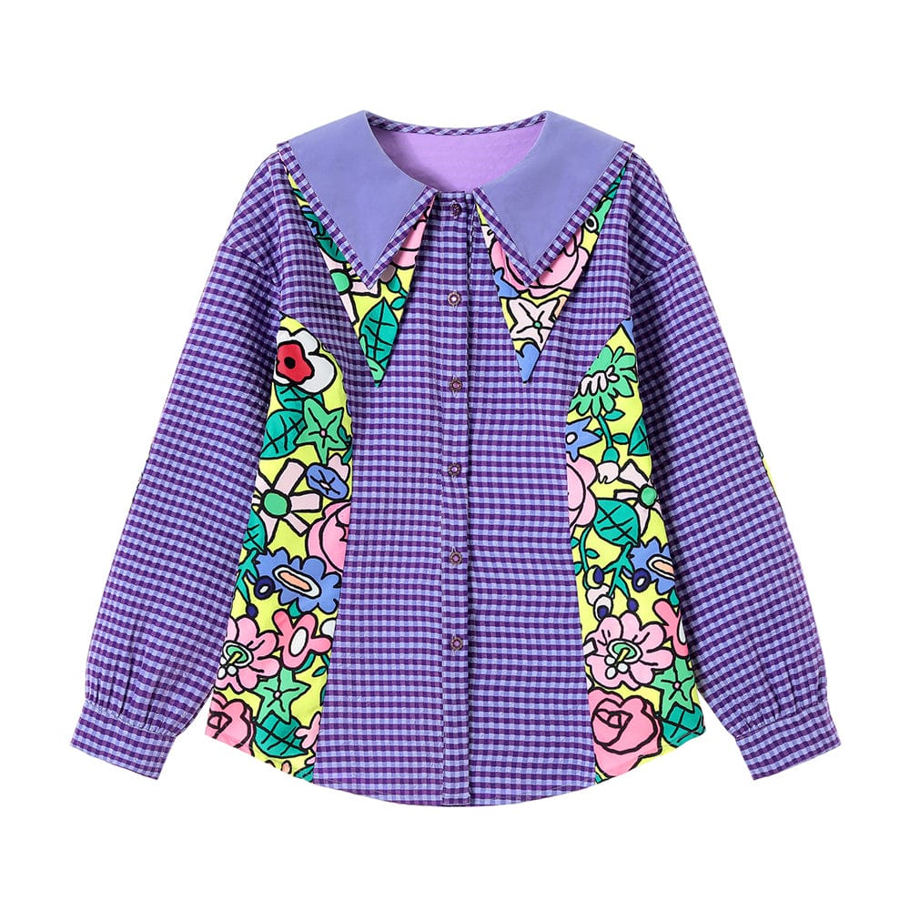 Pink Kawaii Women's Layered Collar Plaid Splice Shirt