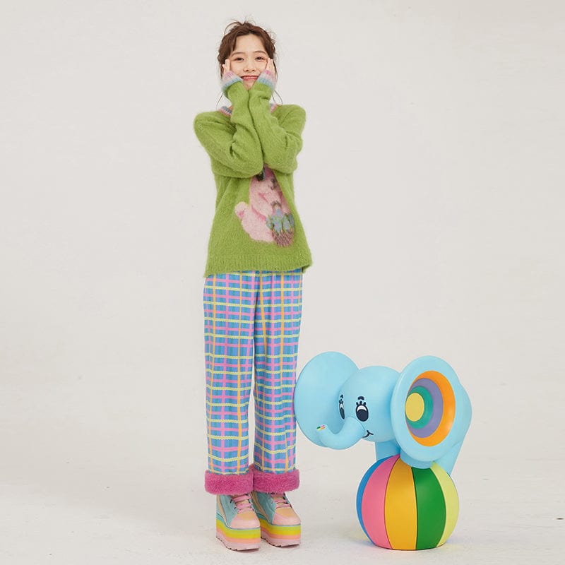 Pink Kawaii Women's Plush Splice Plaid Pants