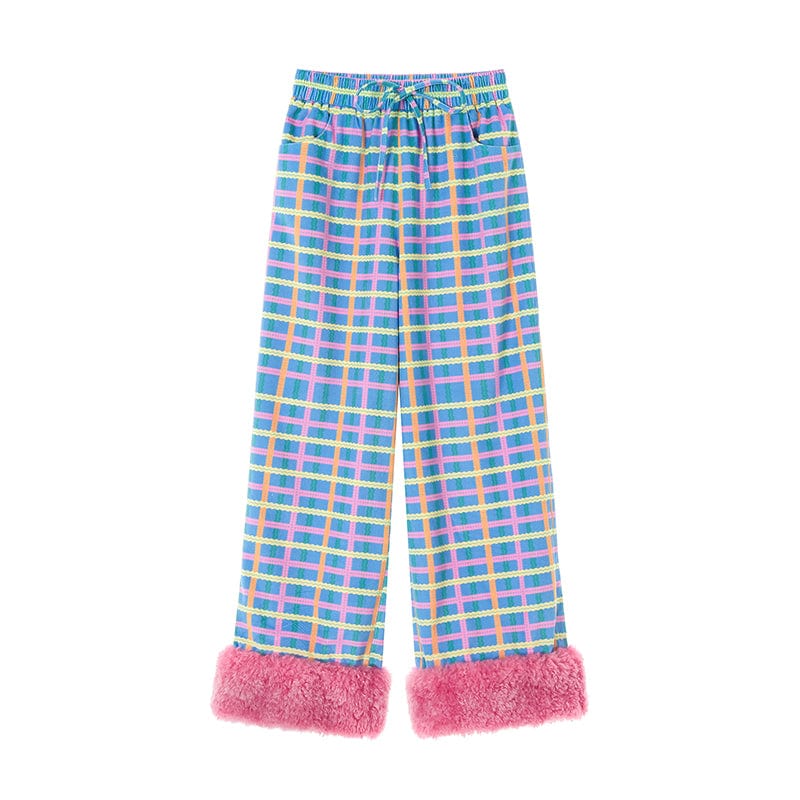 Pink Kawaii Women's Plush Splice Plaid Pants