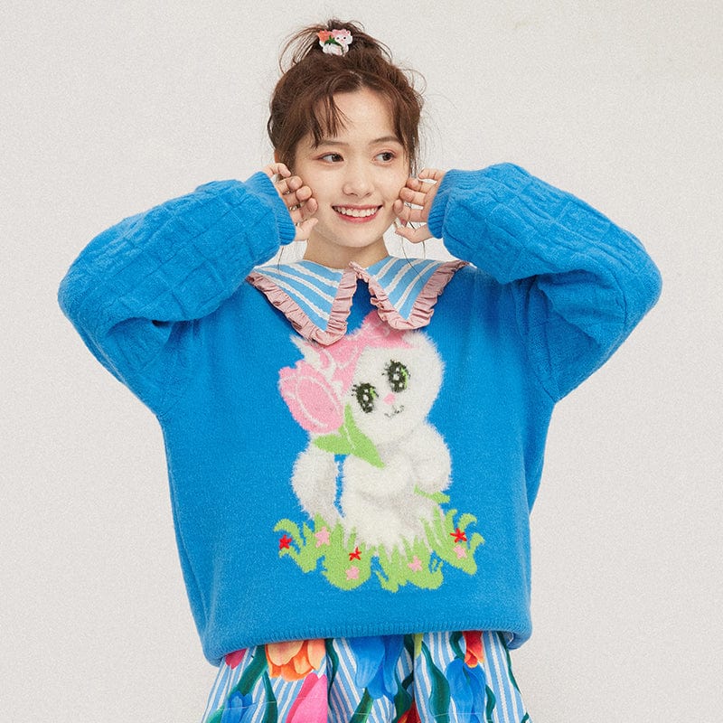 Pink Kawaii Women's Puff Sleeved Cat Knitted Sweater