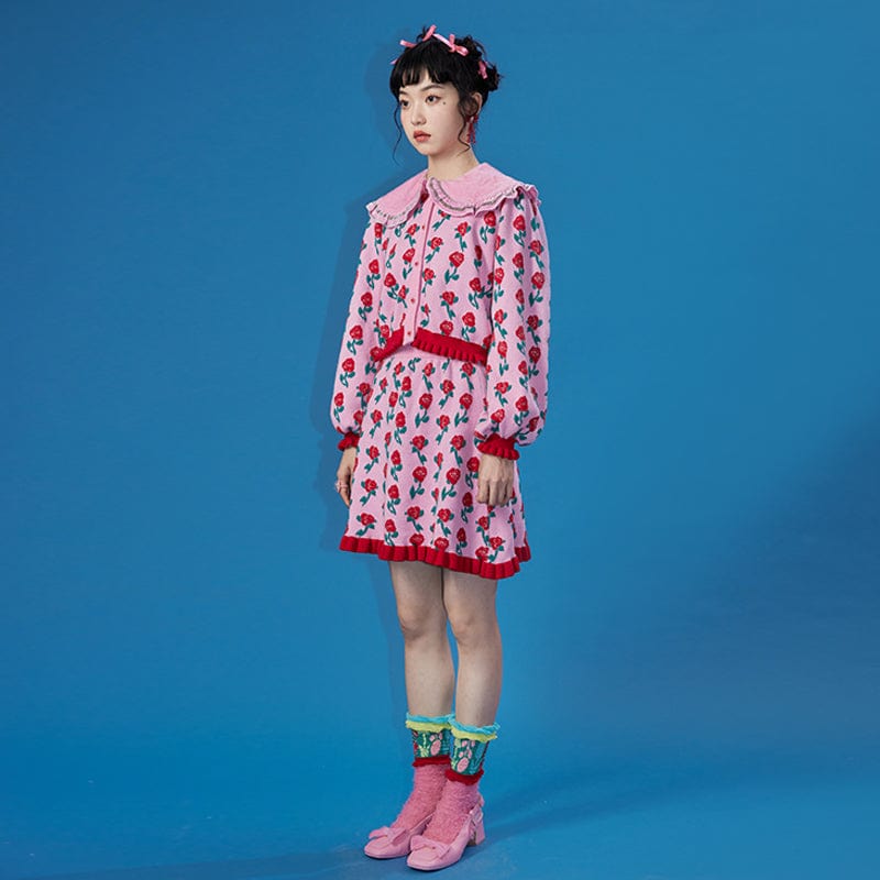 Pink Kawaii Women's Ruffled Rose Knitted Cardigan