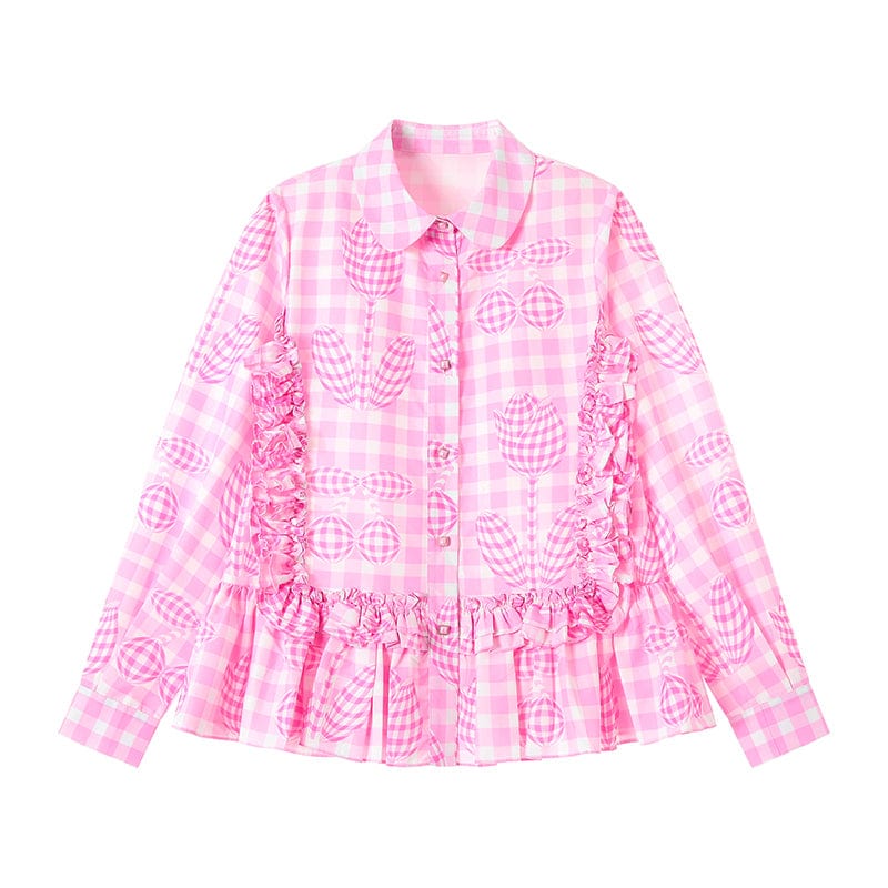 Pink Kawaii Women's Tulip Printed Ruffled Plaid Shirt