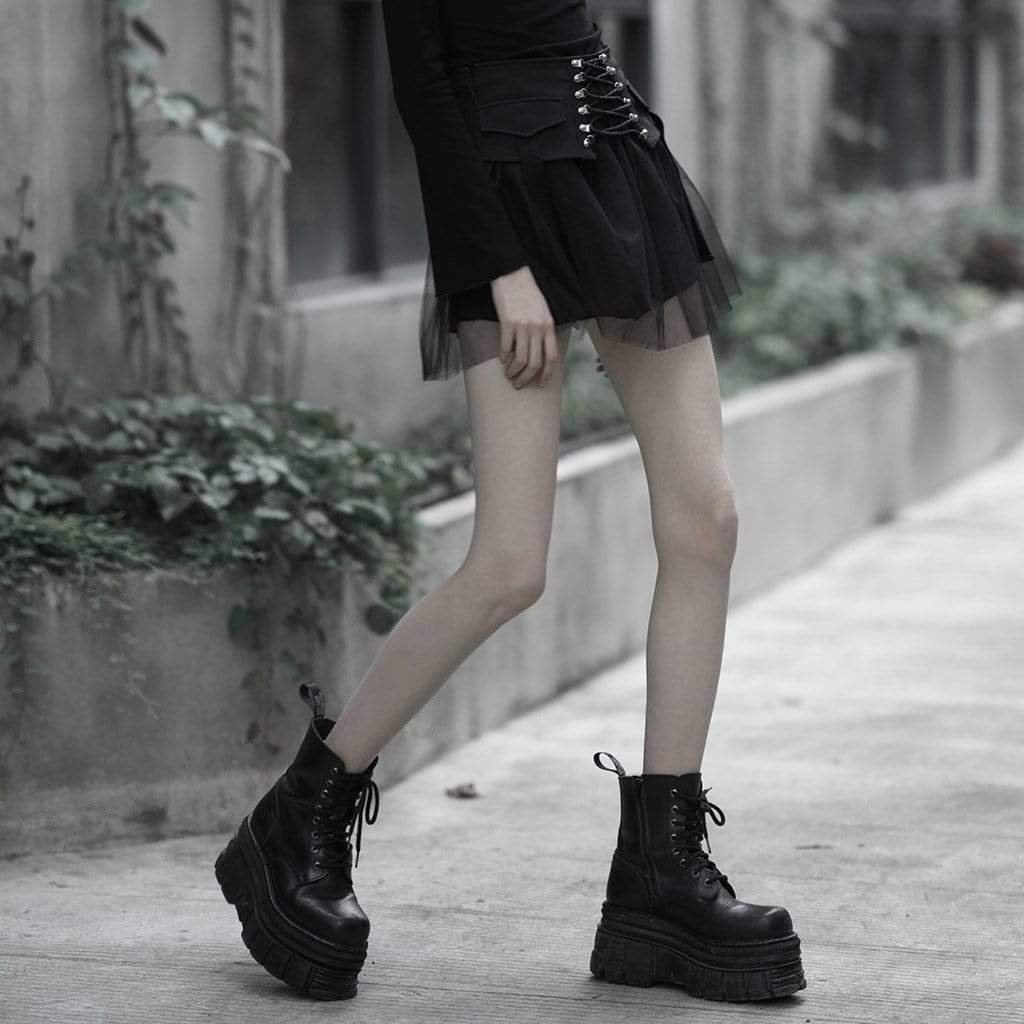 PR-A Women's Goth High-waisted Lacing Multi-layered Mesh Skirts