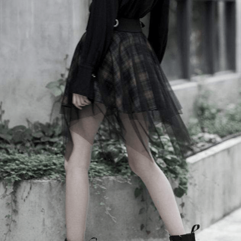 Women's Goth High-waisted Multi-layered Plaid Mesh Skirts