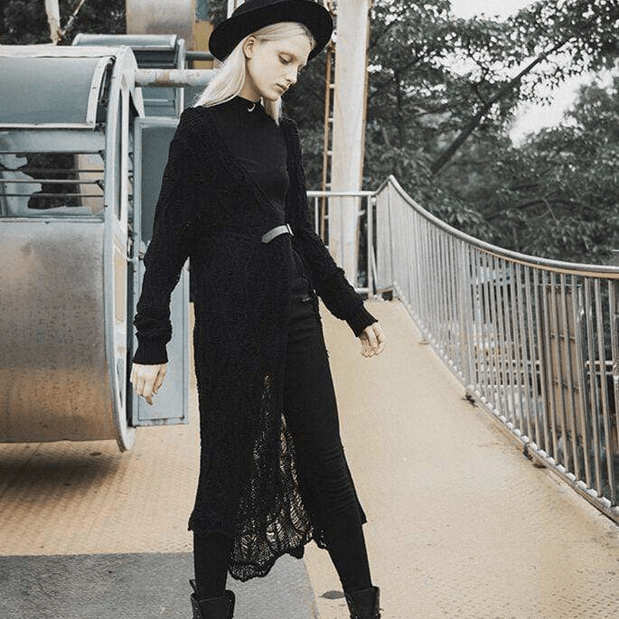 PR-A Women's Goth Hollow Casual Long Cardigan With Belt