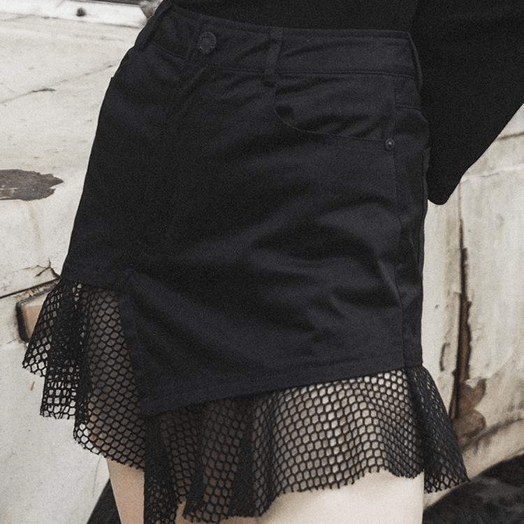 Women's Goth Mesh Ruffles Black Mini Skirt
