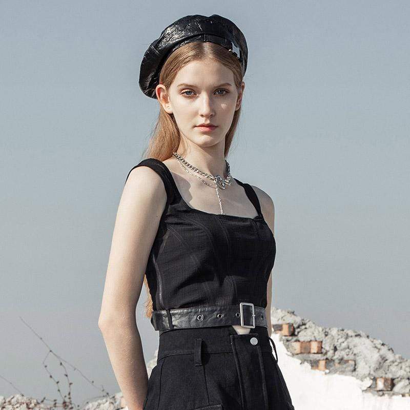 Women's Goth Strap Slim-fitted Crop Tops Black