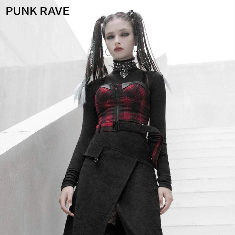 Women's Gothic Plaid Tube Tops With Front-zip
