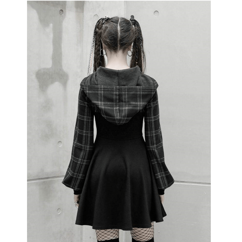 Women's Grunge False Two Pieces Hoodied Plaid Overall Dresses