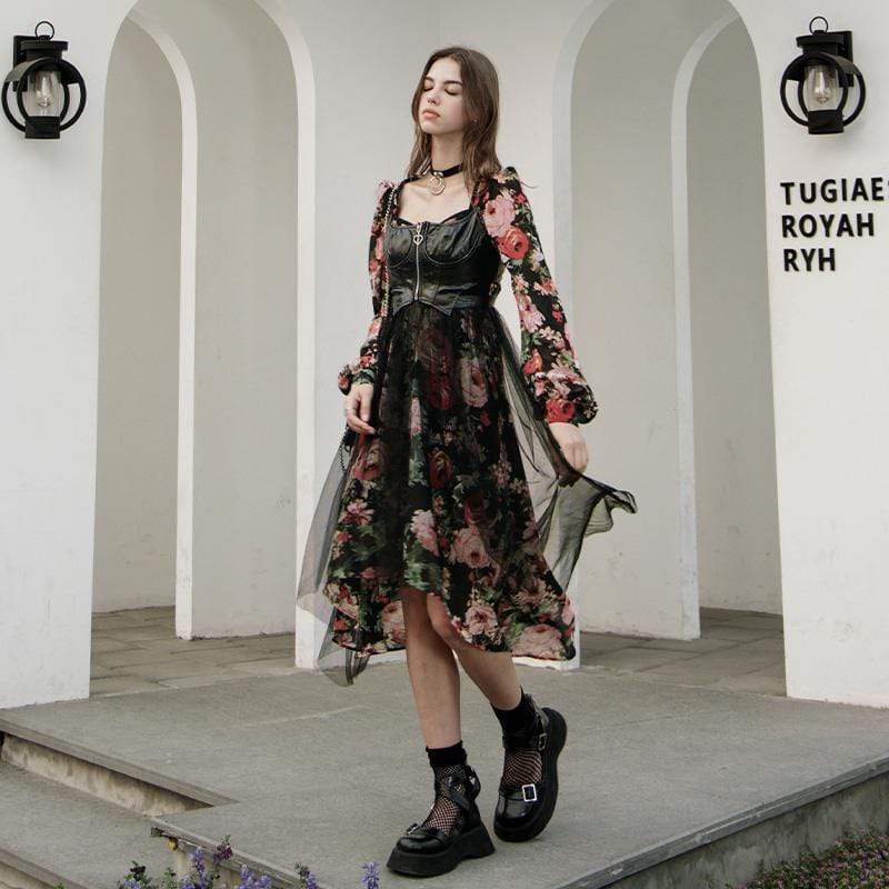 Women's Grunge Floral Irregular Long Sleeved Chiffon Dress