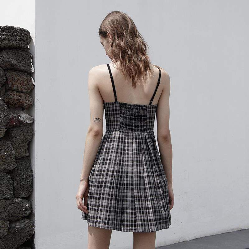 Women's Grunge High-waisted Plaid Pleated Slip Dress