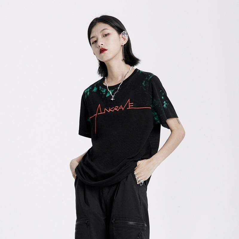 Women's Grunge Tie-dye Embroidered Black Short Sleeved T-shirt