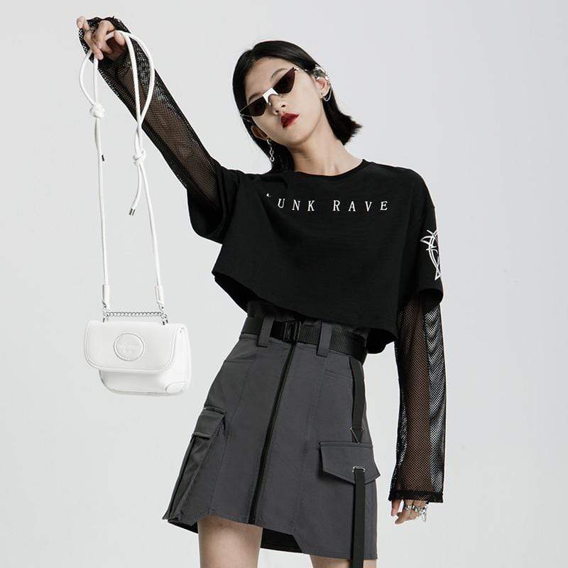 Women's Grunge Two-piece Loose Black T-shirt with Mesh Tops