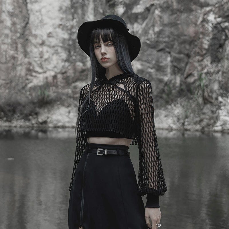 PR-A Women's Punk Chinese Knot Mesh Short Hoodies