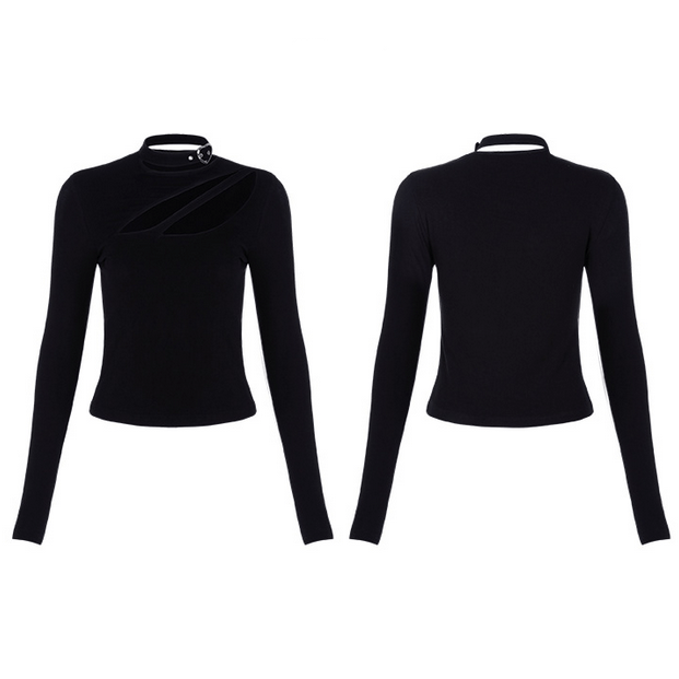 Women's Solid Color Long Sleeved Cutout T-shirts With Choker