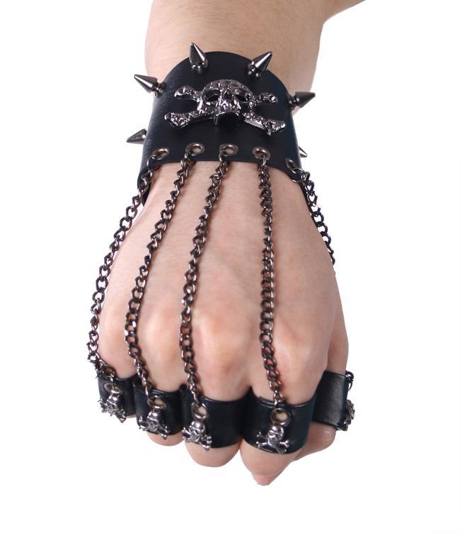 Men's Black Skull Metal Chain Gloves With Removable Finger Rings