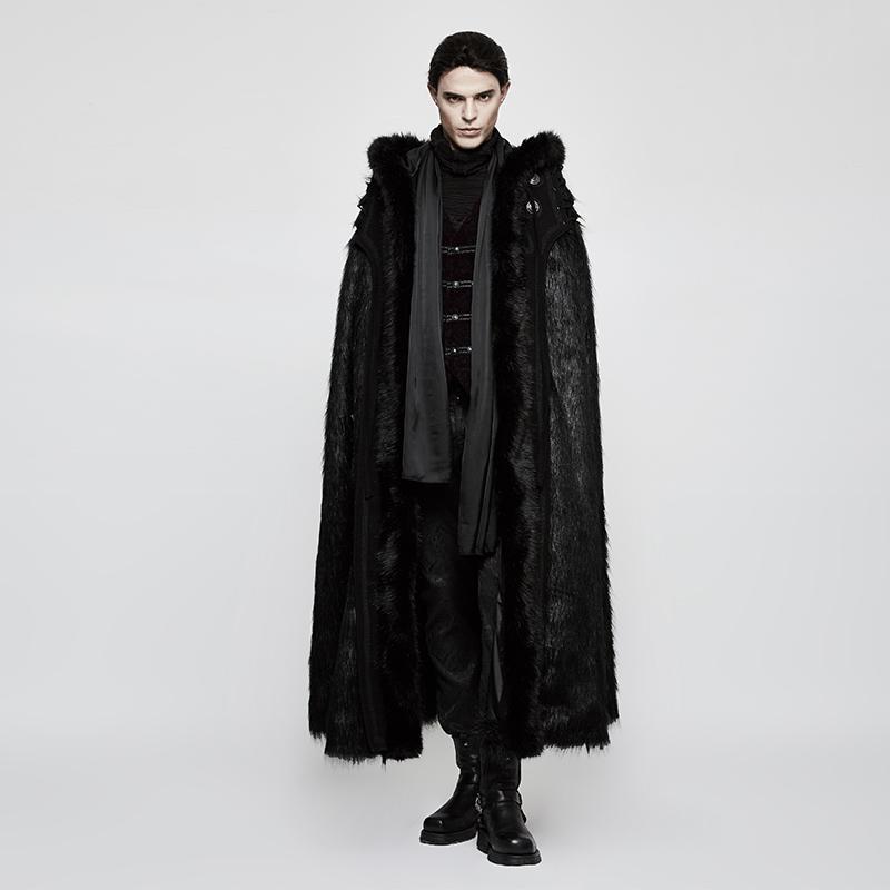 Men's Gothic Hooded Sleeveless Long Fur Cloak