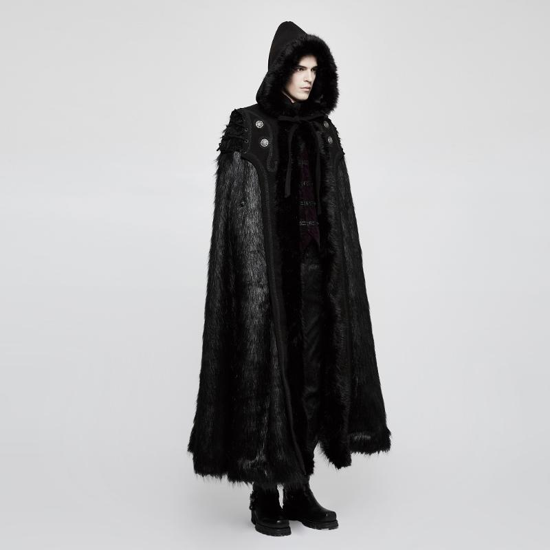 Men's Gothic Hooded Sleeveless Long Fur Cloak