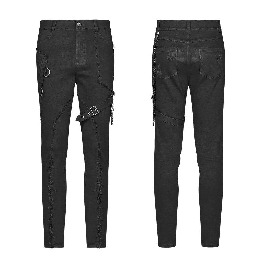 Men's Goth Ripped Straps Skinny Denim Pants With Waist Chain
