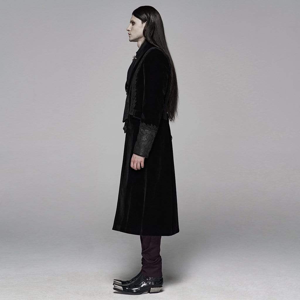 Men's Goth Victorian Front Zipper Floral Velvet Long Jacket