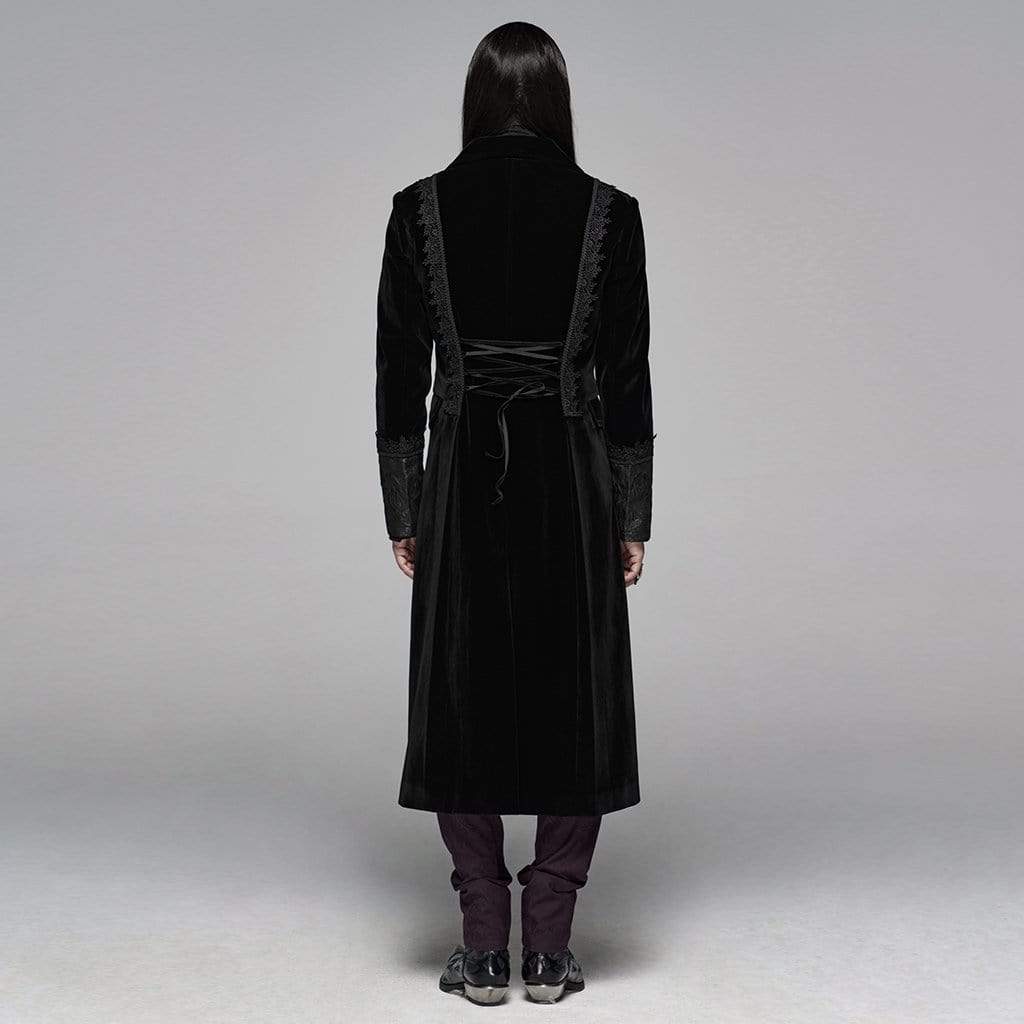 Men's Goth Victorian Front Zipper Floral Velvet Long Jacket