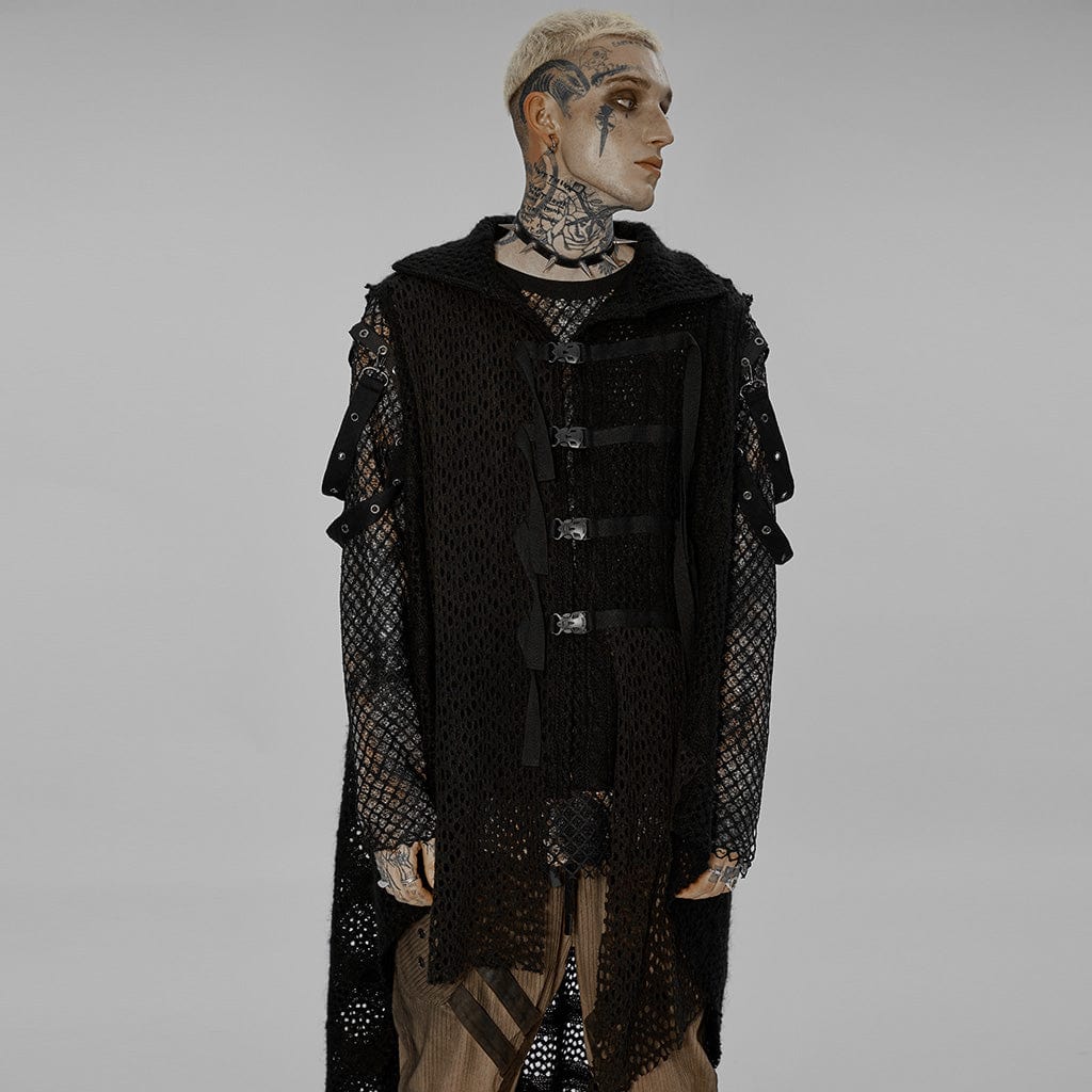 PUNK RAVE Men's Gothic Buckles Irregular Mesh Vest