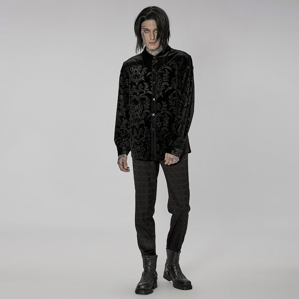 PUNK RAVE Men's Gothic Floral Printed Velvet Shirt