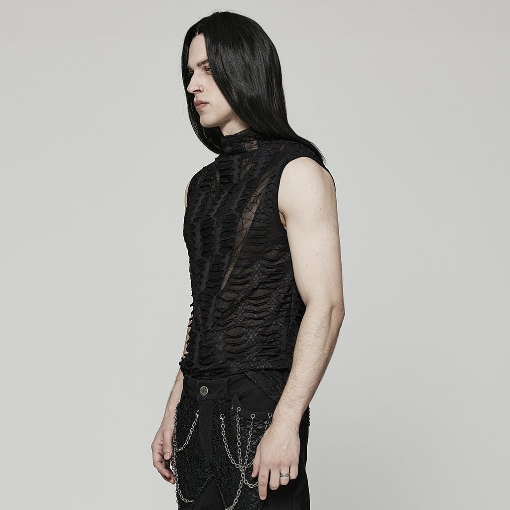 PUNK RAVE Men's Gothic Spider Mesh Ripped Tank Top