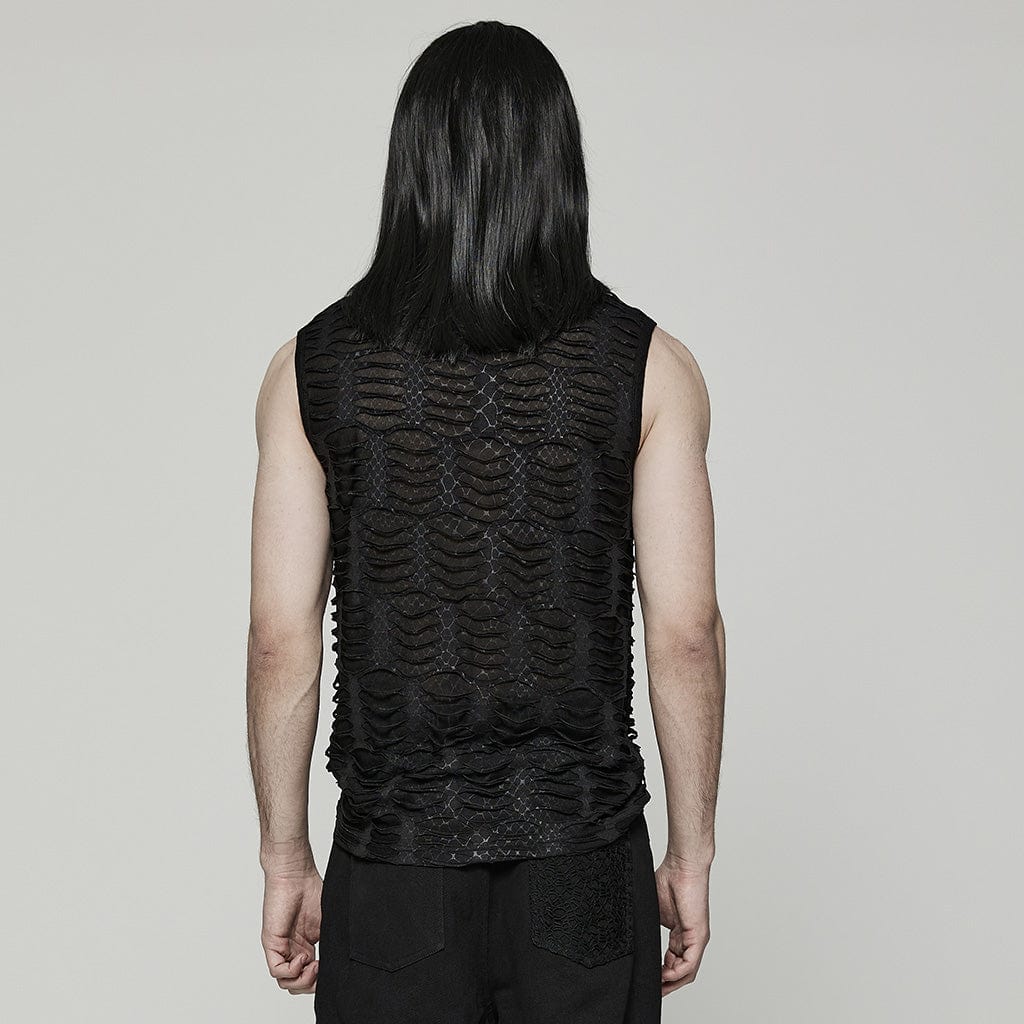 PUNK RAVE Men's Gothic Spider Mesh Ripped Tank Top