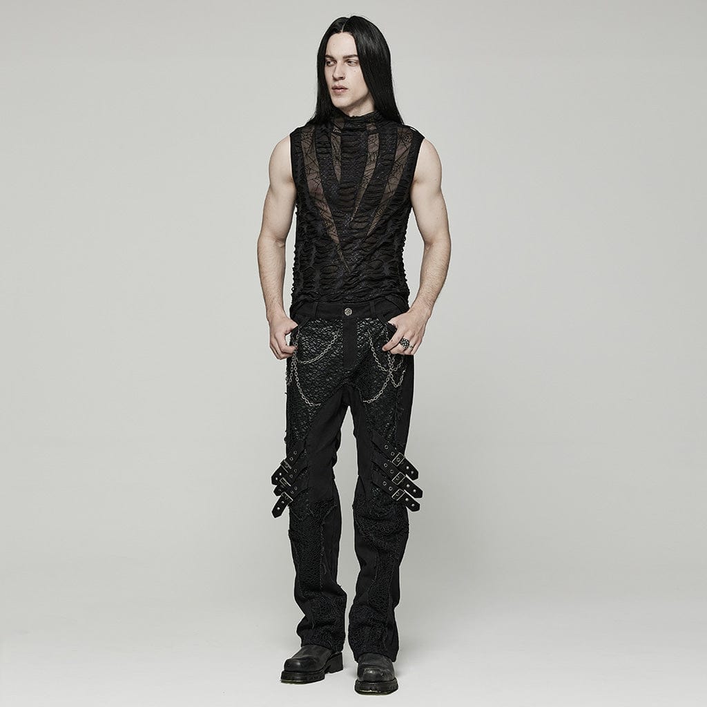 PUNK RAVE Men's Gothic Spider Mesh Ripped Tank Top